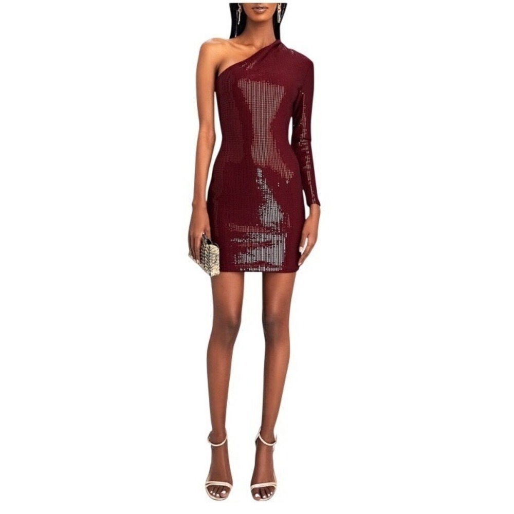 Solace London Zuri One Sleeve Sequined Jersey Mini Dress Burgundy Womens US 2